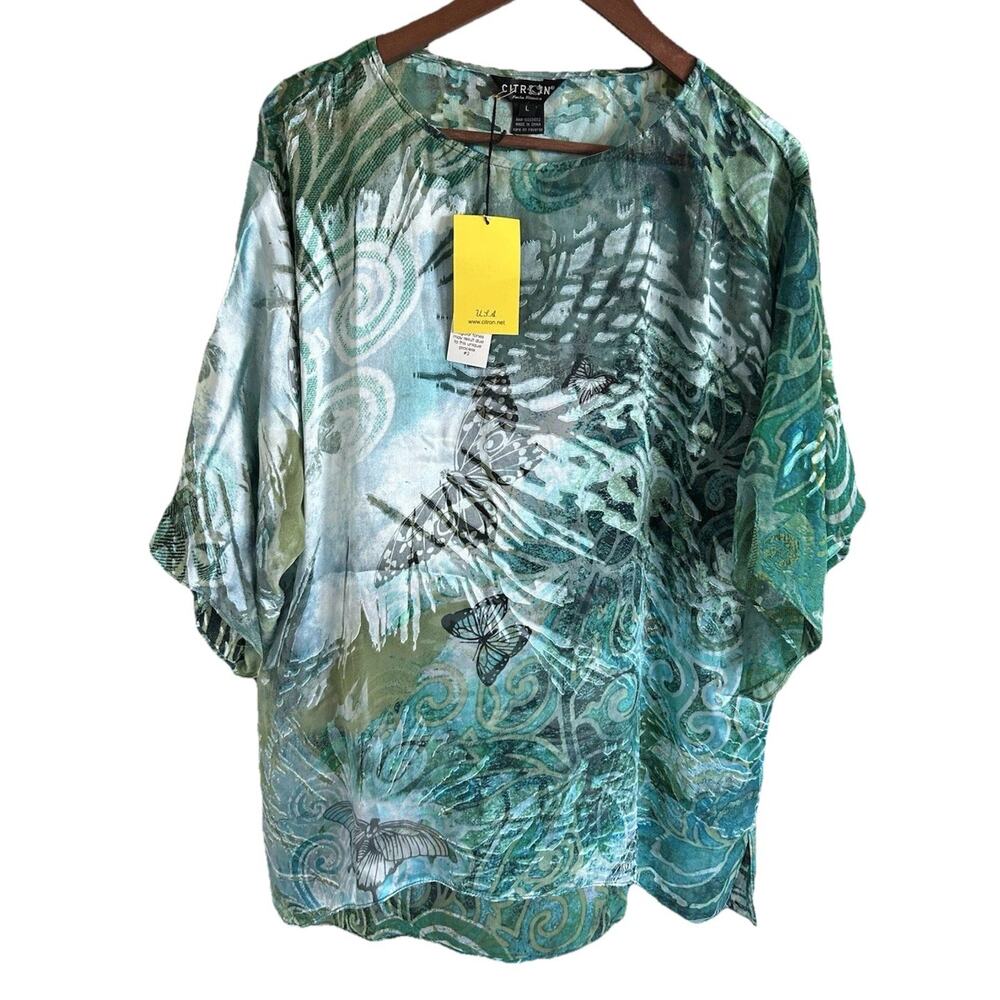 Citron Santa Monica Women’s L Silk Blouse Sheer Butterfly Shirt Top Boho Art New